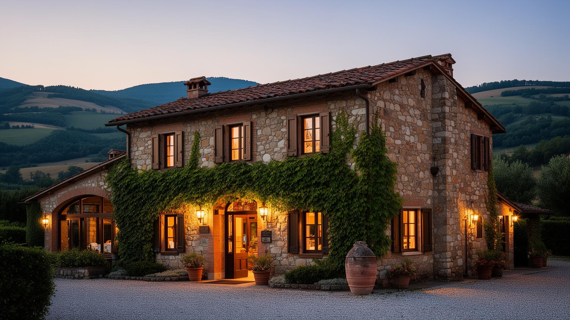 Esterno della cascina al tramonto